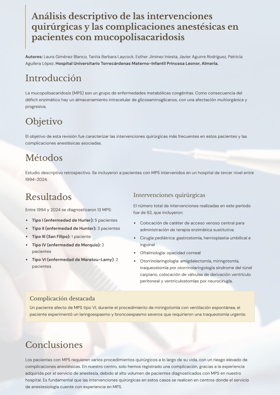P.02. Análisis descriptivo de las intervenciones quirúrgicas y las complicaciones anestésicas en pacientes con mucopolisacaridosis